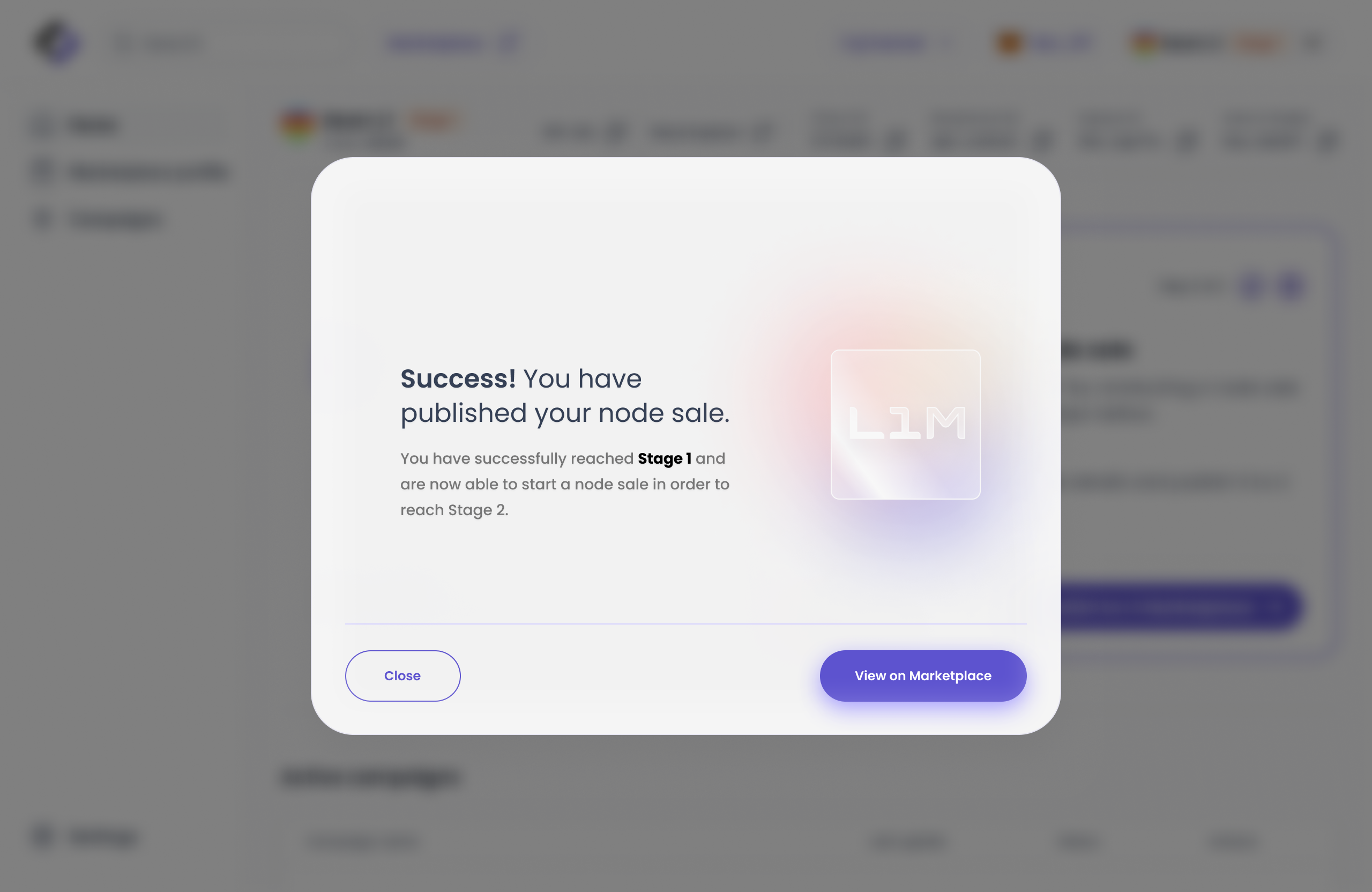 Success page for L1 Marketpalce